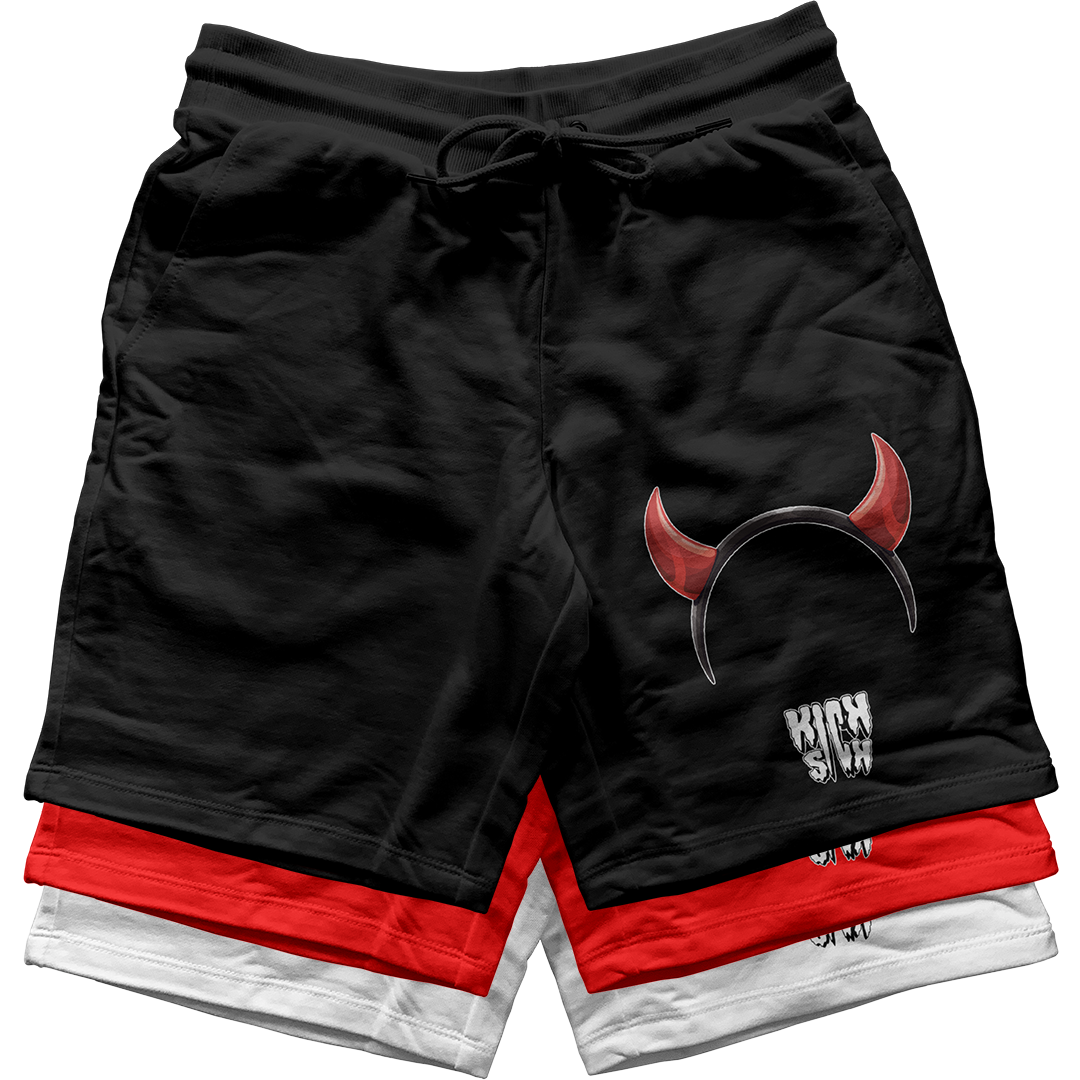 "Red Satin 1 Devil Horns Party Hat" Jogger Shorts