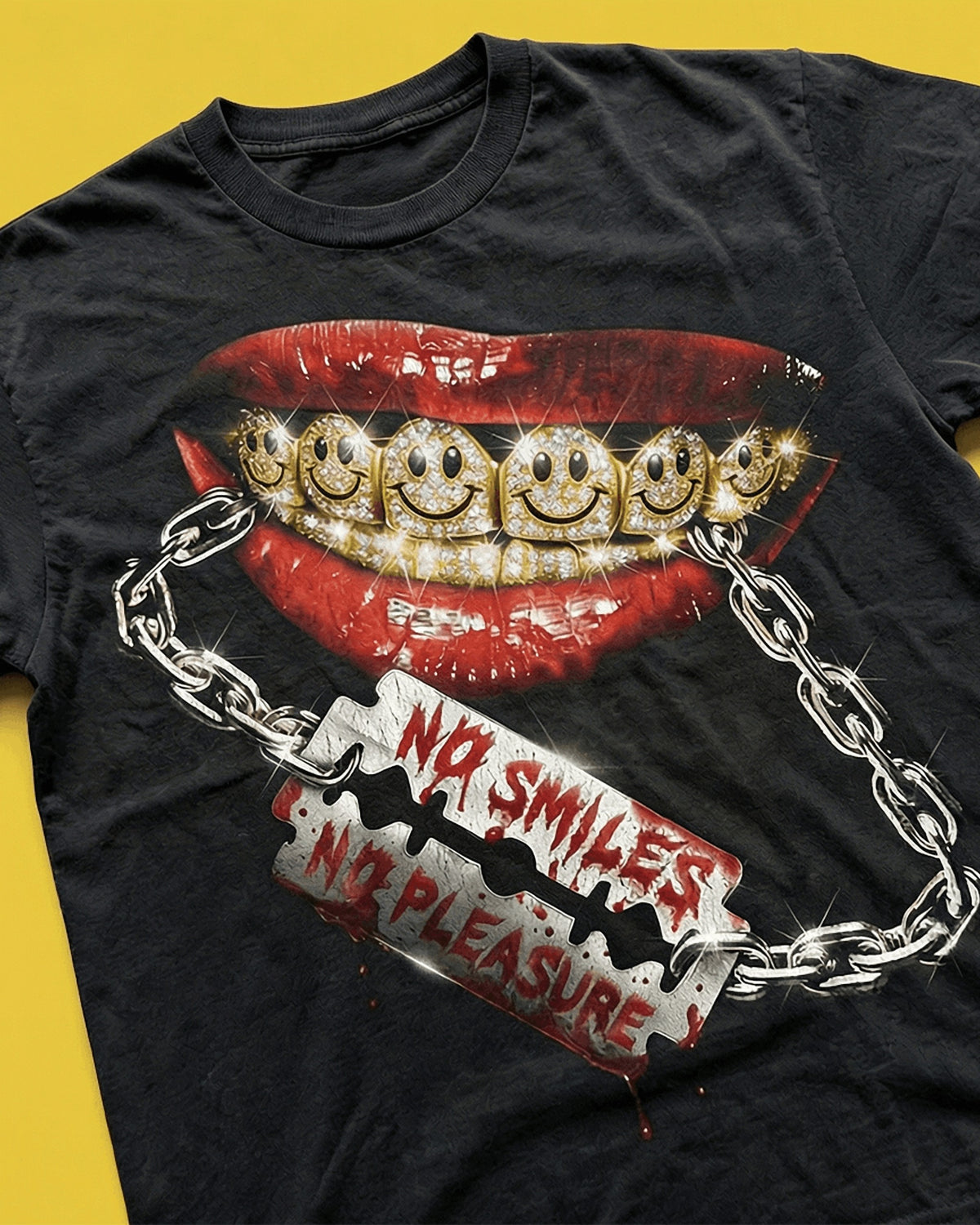 No Smiles No Pleasure tee, angled flat lay