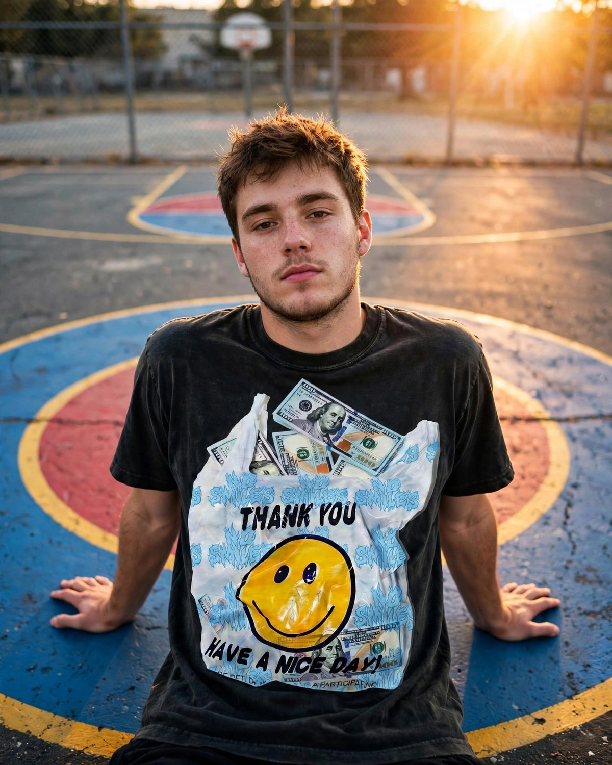 Plastic Benjamins tee, black, at the court