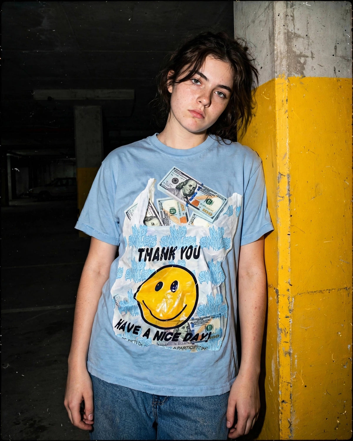 Plastic Benjamins tee, UNC blue, parking garage