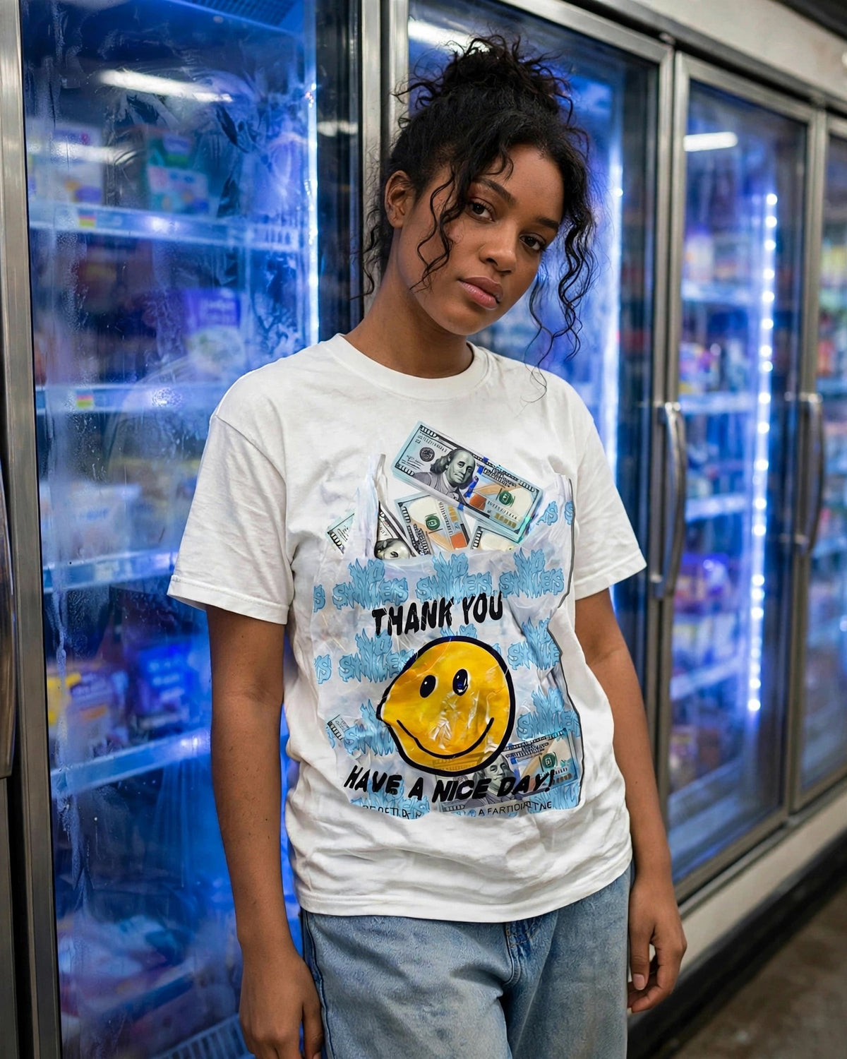 Plastic Benjamins tee, white, grocery freezer aisle