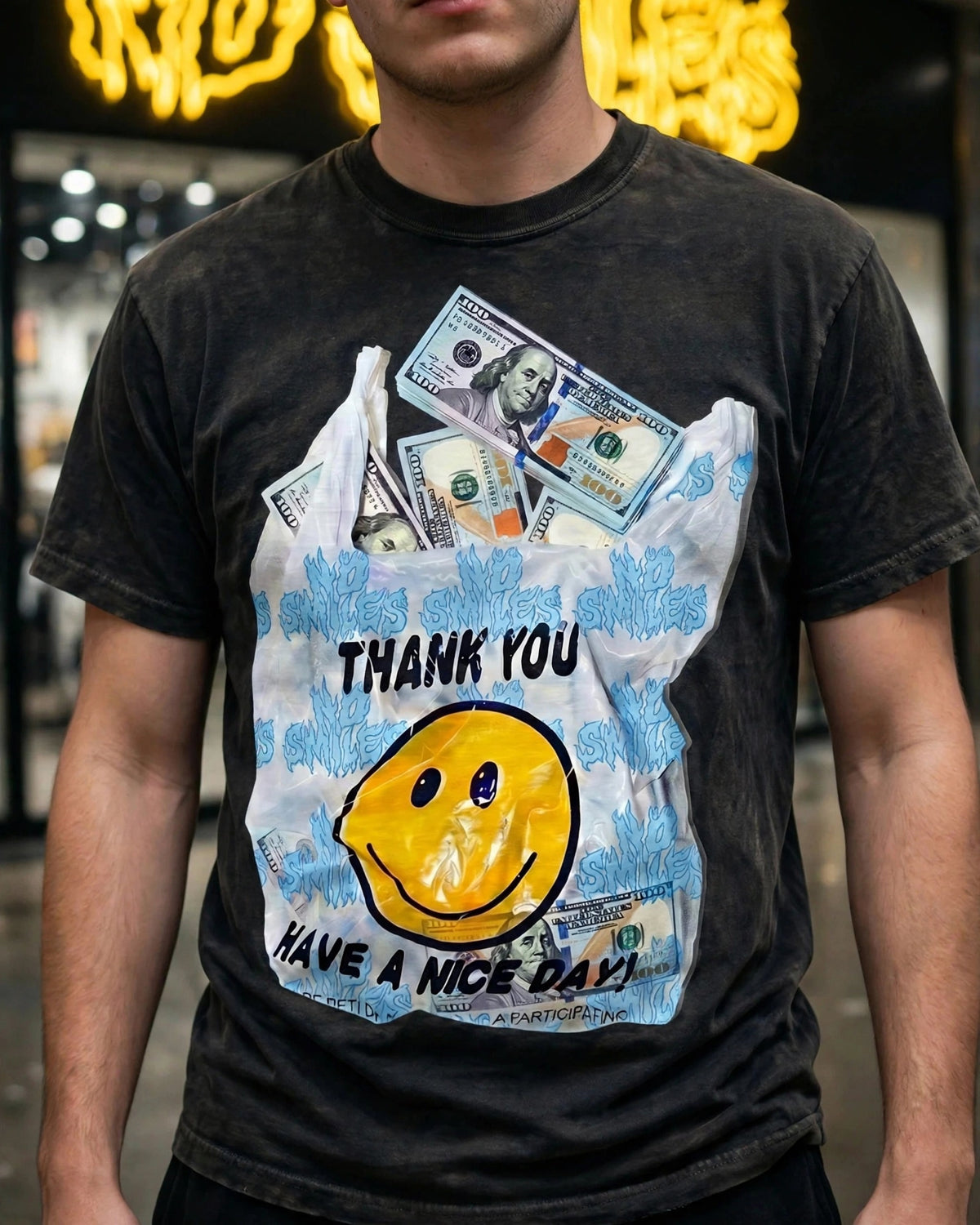 Plastic Benjamins tee worn tight in front of the No Smiles store, plastic THANK YOU bag print full of hundred dollar bills