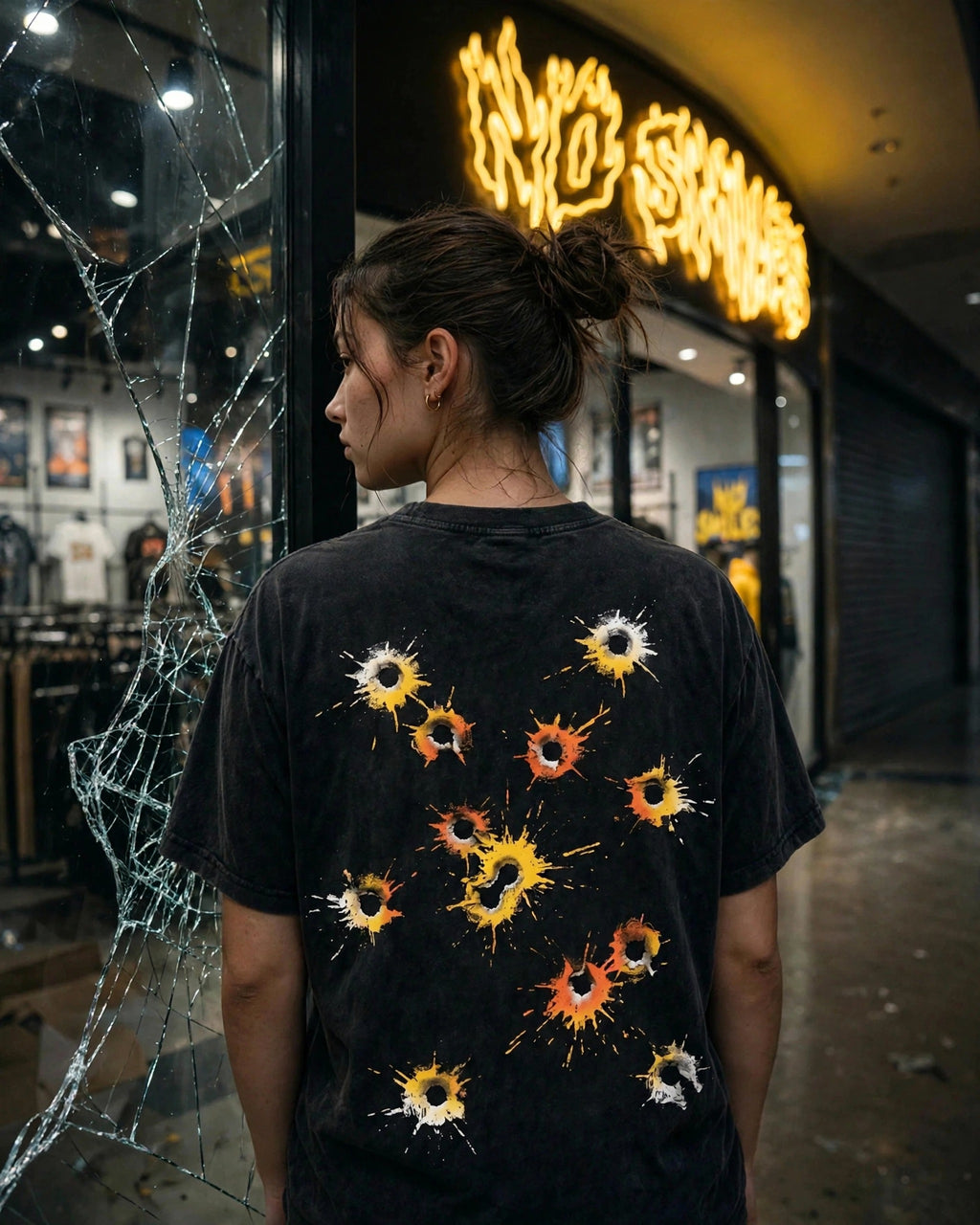 Bullseyes and Bullet Holes tee back print at the No Smiles store