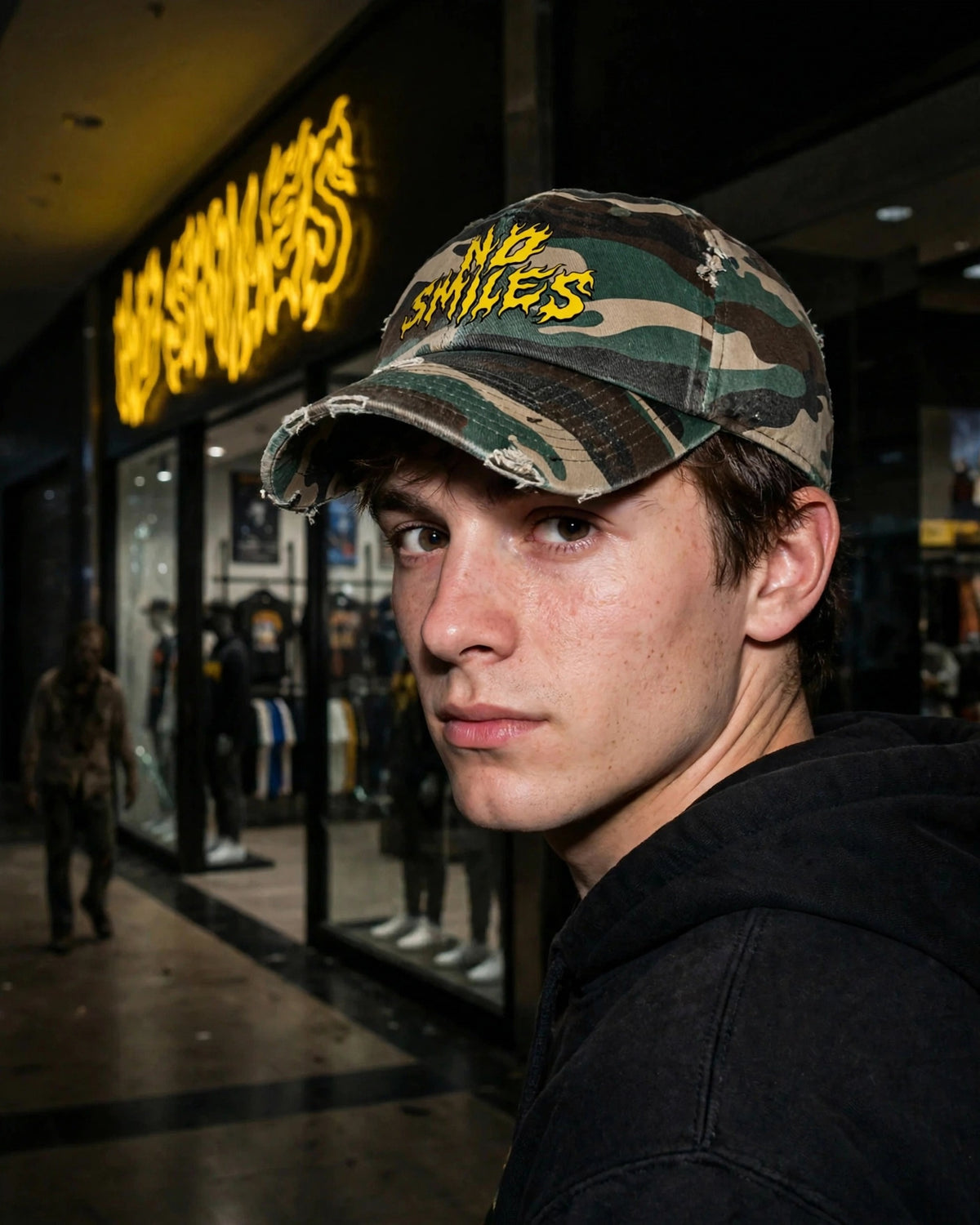 Distressed Camo Hat worn, angled, No Smiles store behind