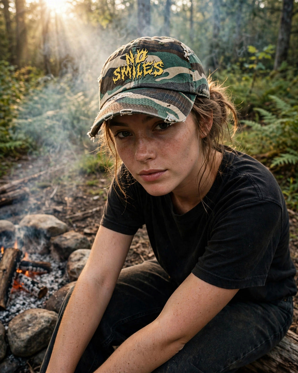 Distressed camo No Smiles hat, fire pit