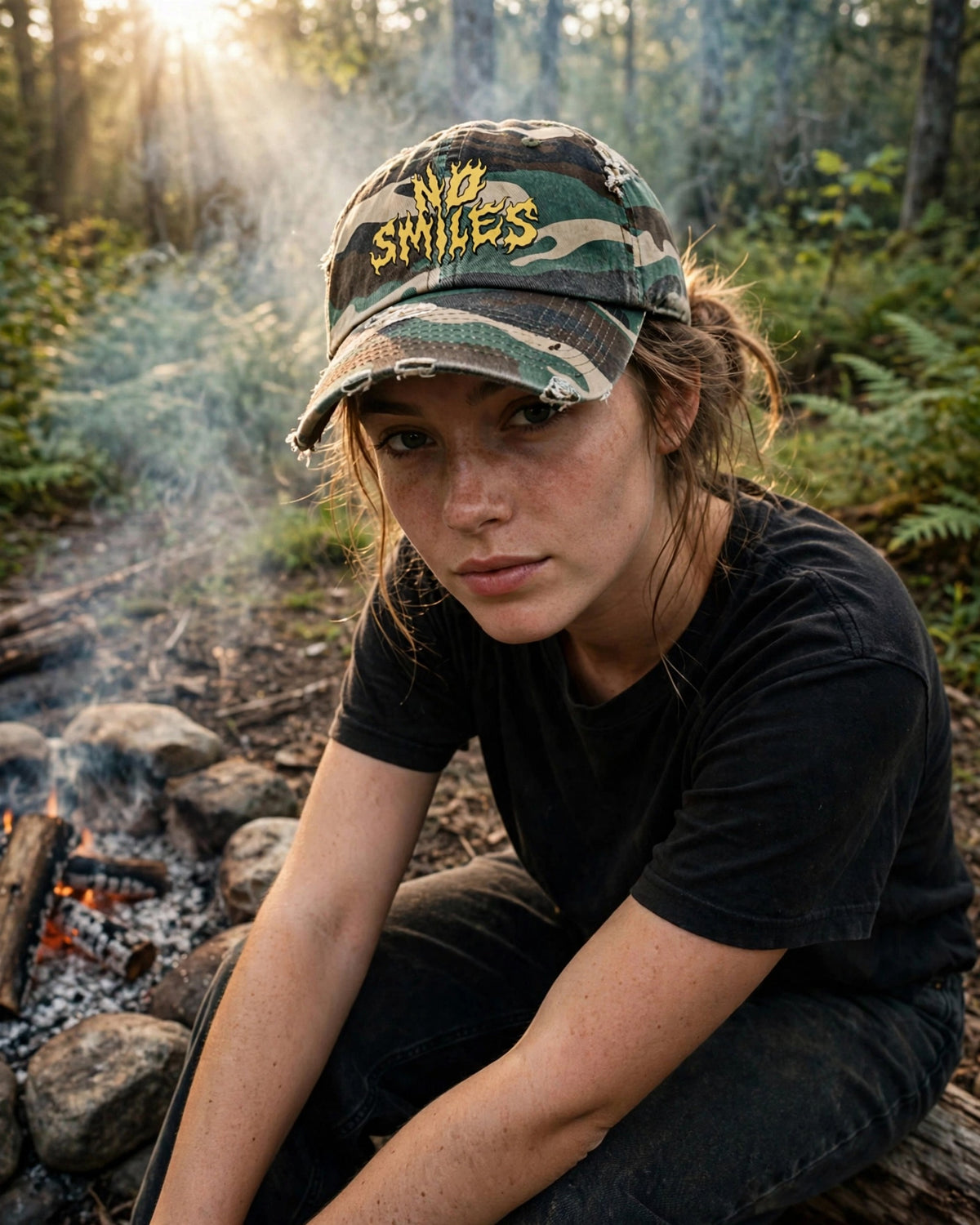 Distressed camo No Smiles hat, fire pit