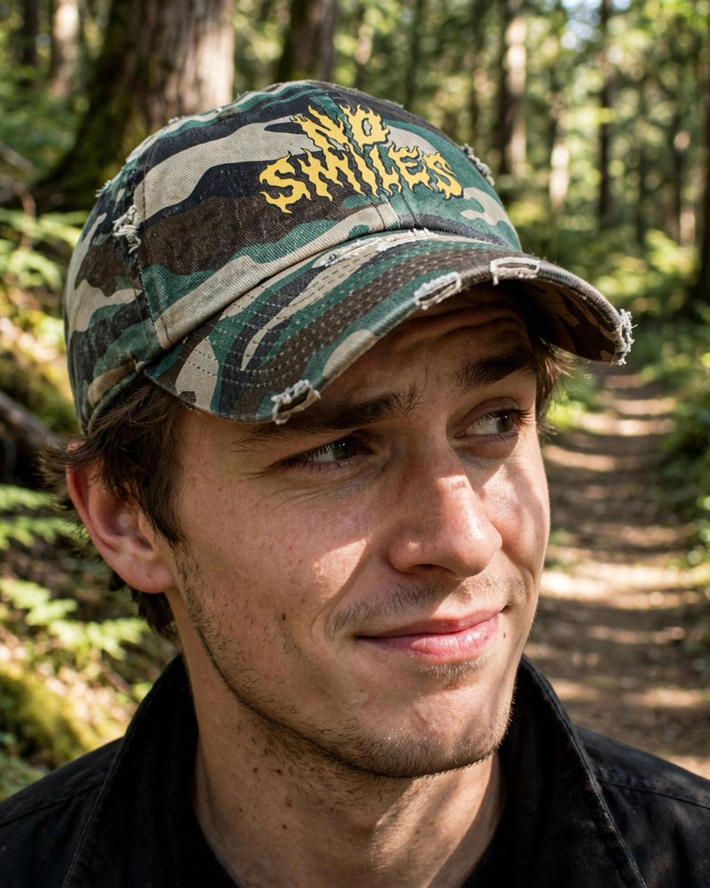 Distressed camo No Smiles hat, forest trail