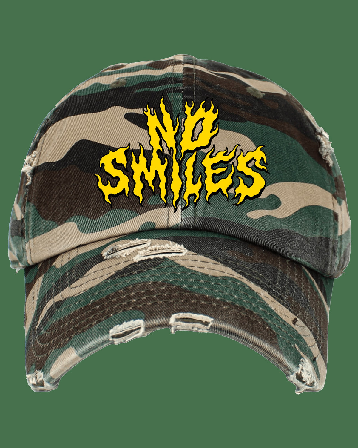 Distressed camo No Smiles hat, front