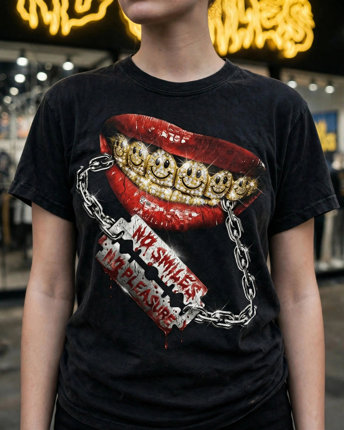 No Smiles No Pleasure tee worn tight in front of the No Smiles store, red lips with a diamond smiley grill and razor blade chain print