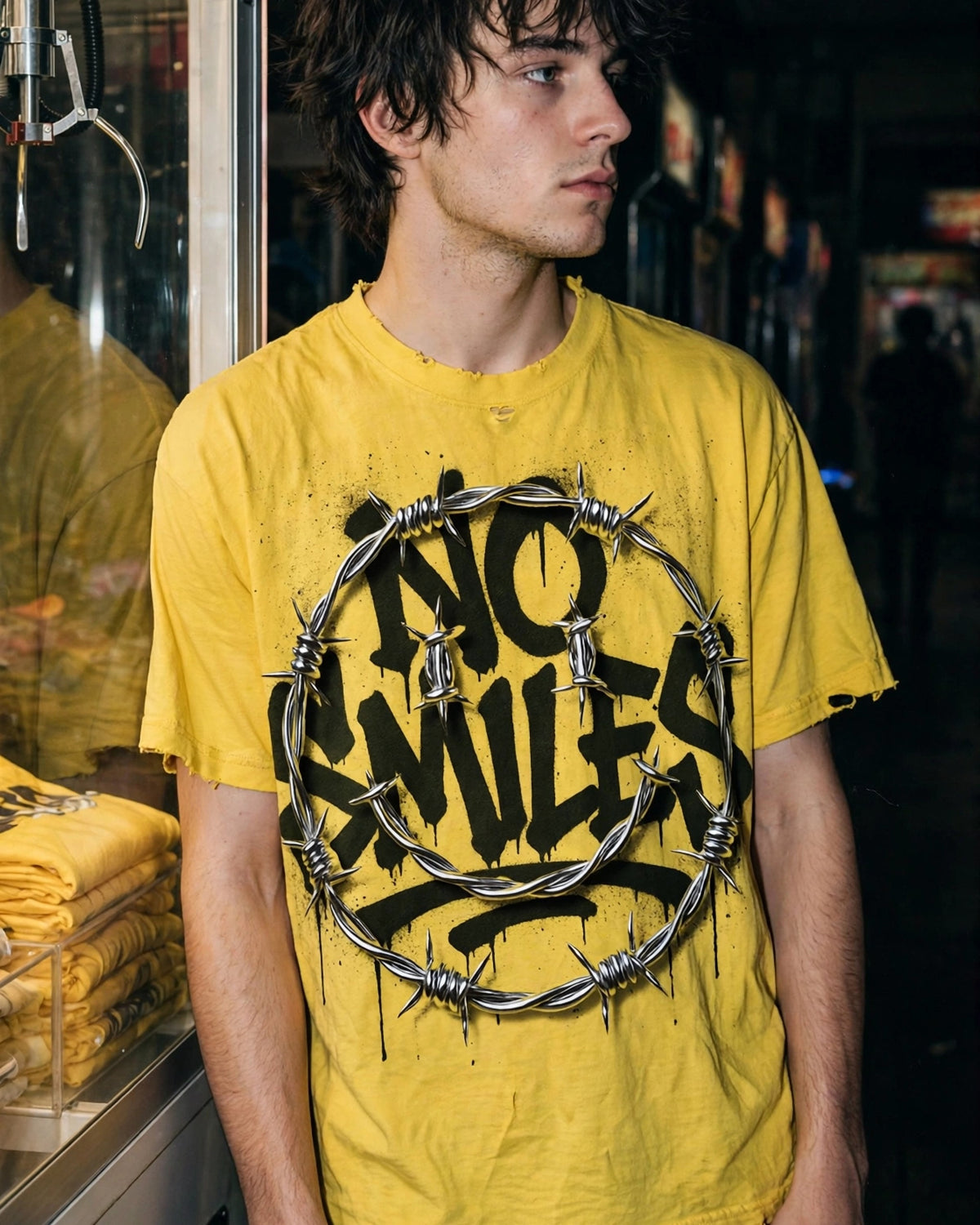 Barbwired Smiley Distressed Tee - No Smiles