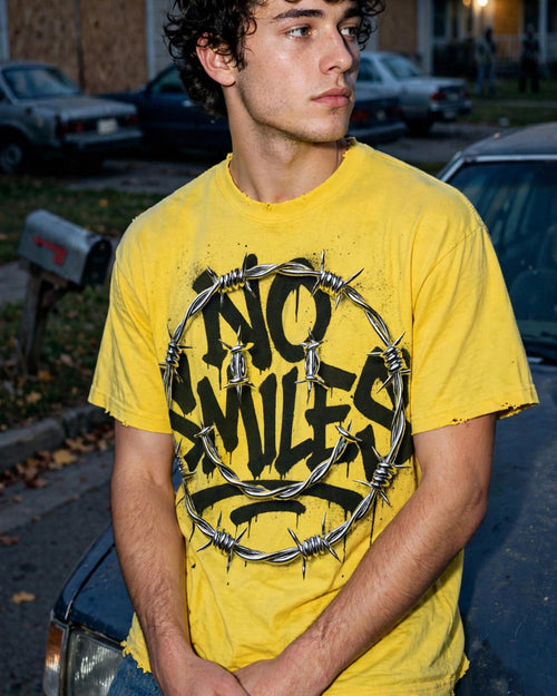 Barbwired Smiley Distressed Tee - No Smiles