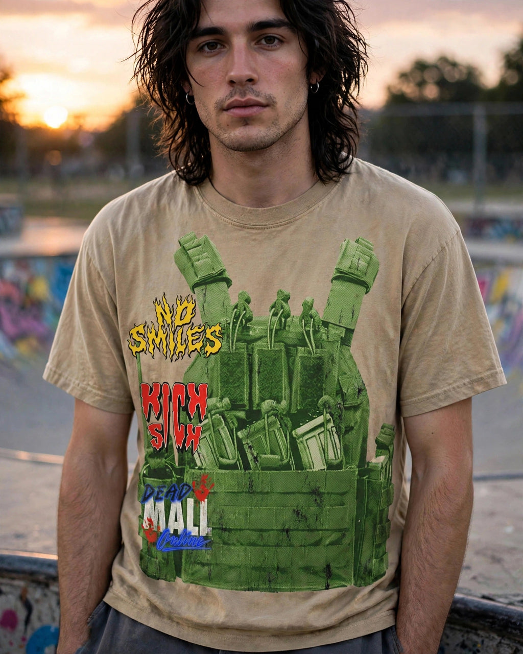 Magazines and Sponsors tee at the skate bowl, close-up