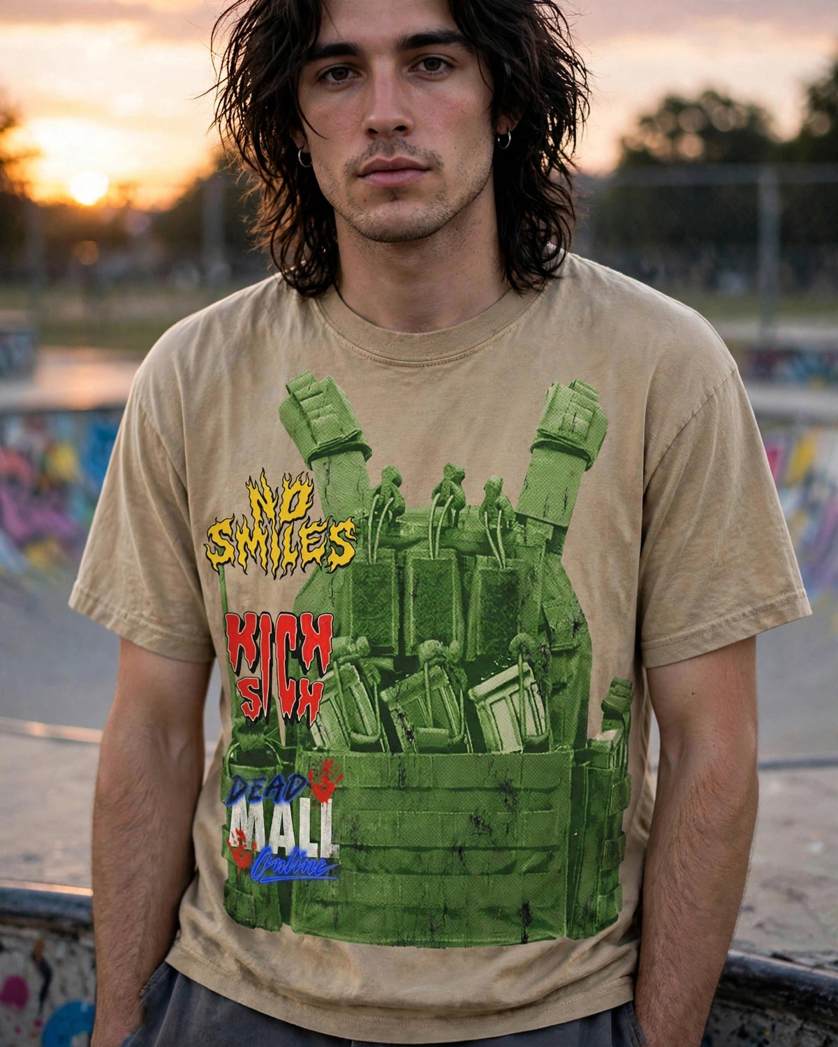 Magazines and Sponsors tee at the skate bowl, close-up