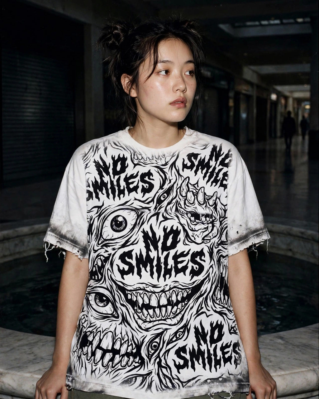 Mutated Smiles Heavy Distressed Vintage Style Tee - No Smiles