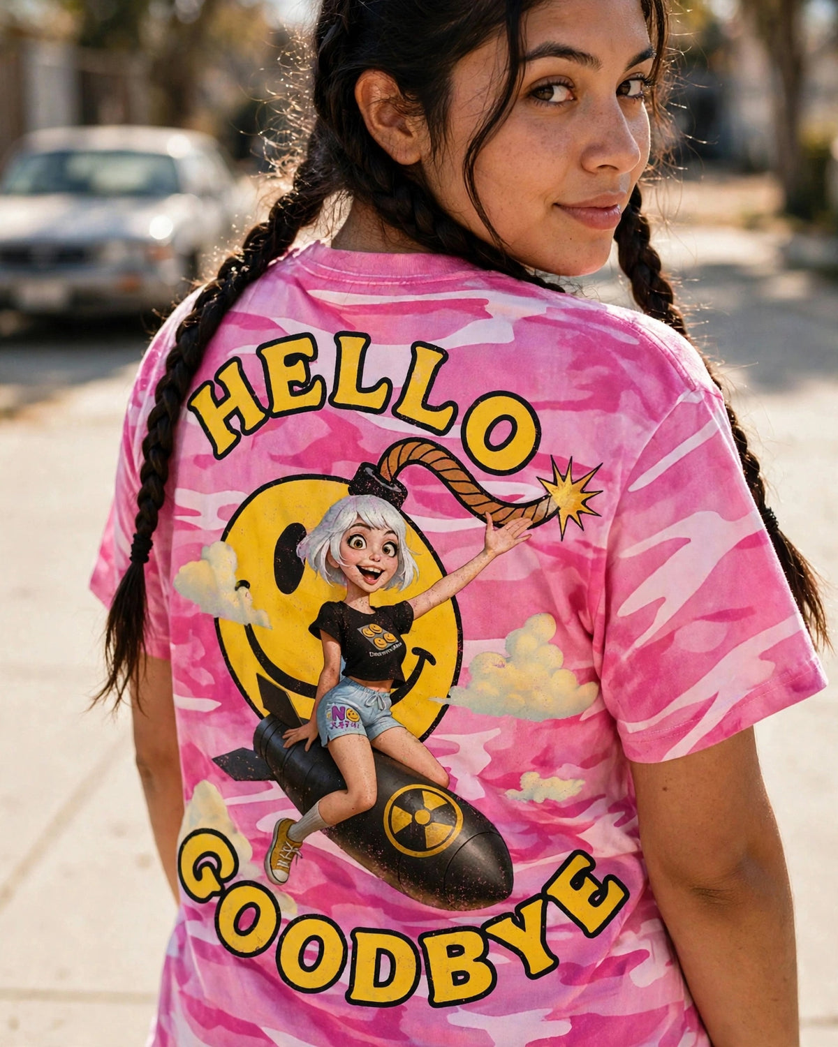 "Hello Goodbye Pinup" | Pink Camo Tee