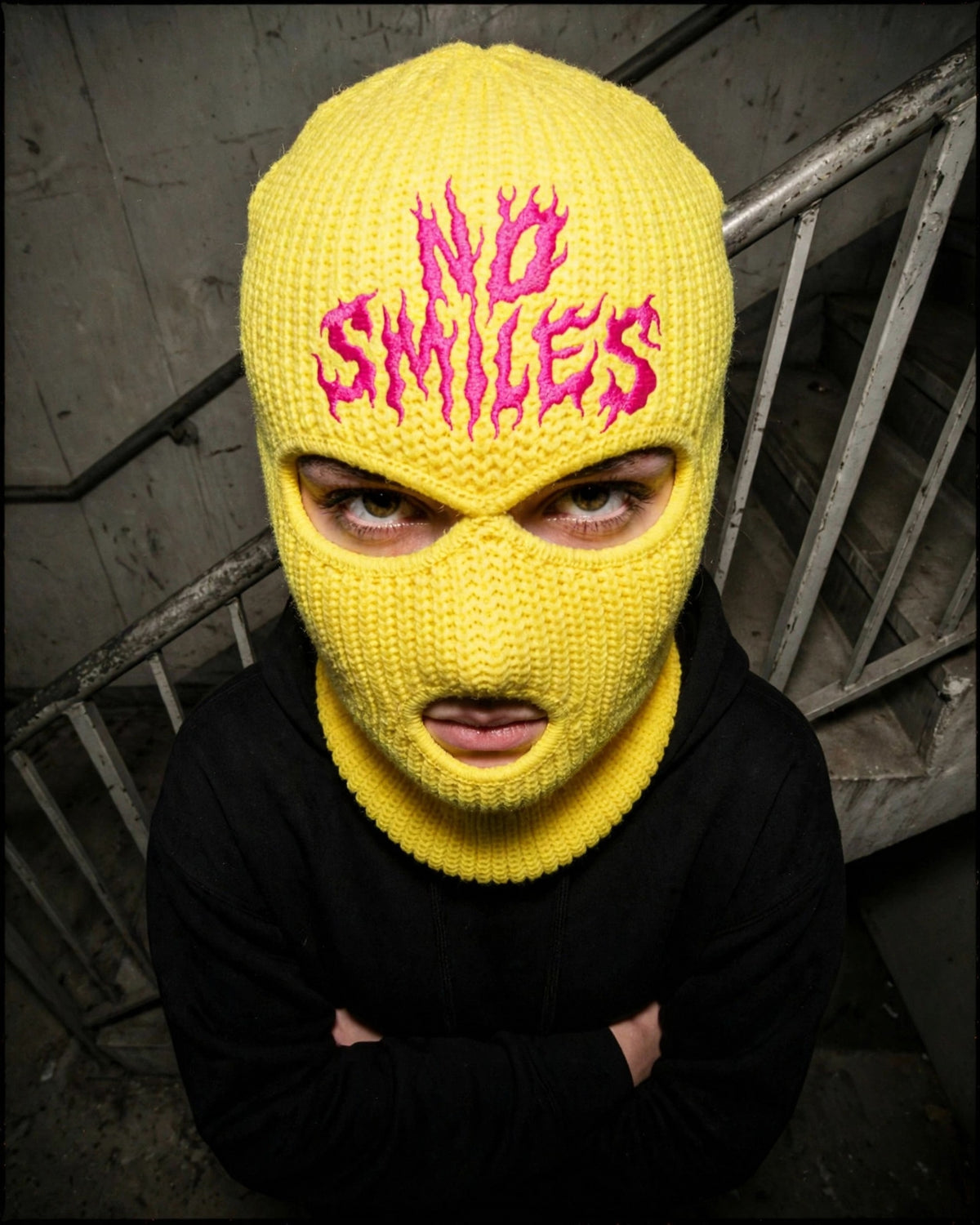 Yellow No Smiles ski mask, stairwell