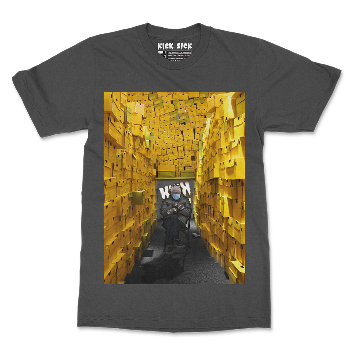 Boxed Out Bernie Gold Yellow Charcoal Grey Tee